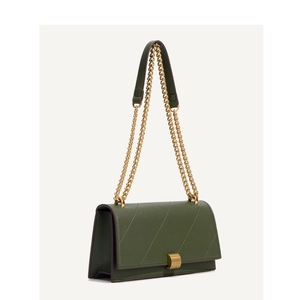 Chic dark green quilted leather flap bag with gold chain strap shown at 45-degree angle