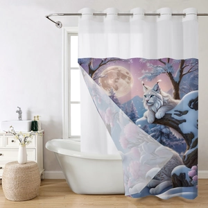 Detail of waterproof shower curtain with blue-eyed lynx print in snow night design