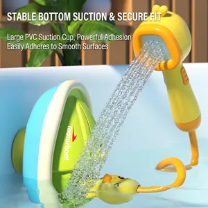Electric yellow duck bath toy set with spray shower head and suction cup motorboat base