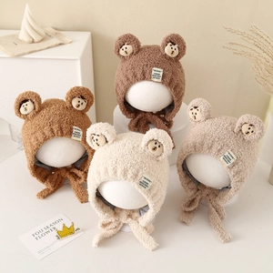Winter plush bear ear hats for toddlers in four warm colors with cozy chin straps