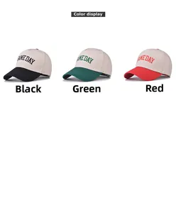 Three vintage baseball caps in black, green, and red with GAME DAY embroidery