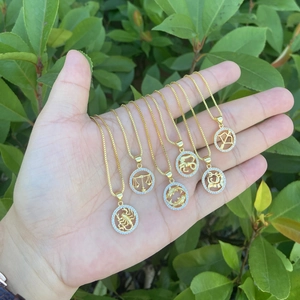 Zodiac Sign Necklace 12 Constellation Round Medallion Pendant 18K Gold Plated Copper Zircon Inlaid Dainty Box Chain Women
