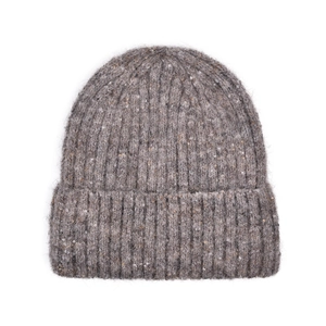Close-up of taupe ribbed knit texture and soft yarn fibers on a winter beanie hat