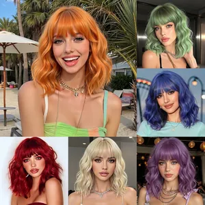 Short Wavy Bob Wig Synthetic High Temperature Fiber With Bangs Colorful Fashion Hair Accessory For Women