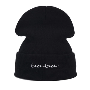 Classic black knitted beanie with white 'baba' embroidery for autumn winter street style