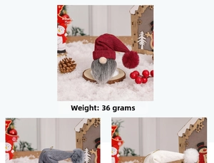 Detail of Christmas gnome bell ornament with plaid fabric hat and faux fur beard texture