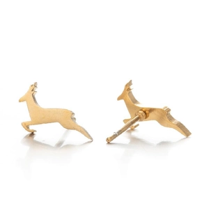 Golden reindeer stud earrings with a running deer silhouette and metallic finish