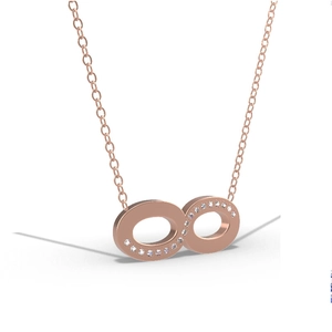 Macro view showing 18k rose gold infinity pendant with delicate pave-set cubic zirconia