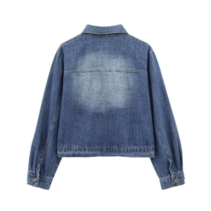 Back view of blue washed denim jacket with vintage fading and stitching details