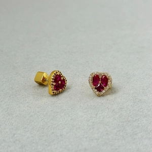 Elegant French style gold heart earrings with sparkling red zircon and white diamonds