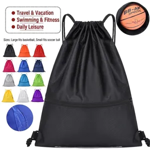 Drawstring Backpack Sports Gym Bag Waterproof Oxford Cloth Honeycomb Ripstop With Front Zipper Pocket For Basketball Travel Fitness