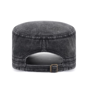 Washed cotton flat top military cap in dark grey with adjustable antique bronze buckle