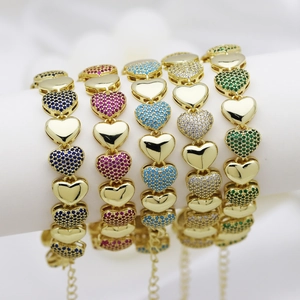 Bracciale A Maglie A Cuore Rame Placcato Oro 18K Con Zirconi Colorati Intarsiati Gioielli Di Moda Eleganti Per Donna