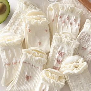 Japanese style cream white lace socks with heart patterns and pink flower embroidery