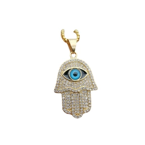 Hamsa Hand of Fatima pendant necklace with gold plating and sparkling blue evil eye stones