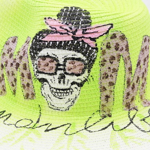 Neon green straw sun hat with leopard skull pattern and mama text for summer beach
