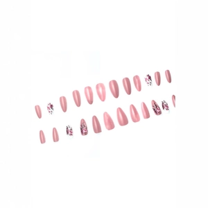 Pink almond press-on nails with elegant rose floral patterns and glossy finish set