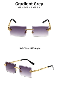Detail of rimless square sunglasses featuring snake-shaped metal temples and gradient grey lenses