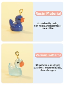 Close-up of duck resin charms in solid and translucent blue for DIY jewelry