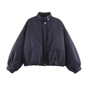 Giacca Bomber Da Donna A Righe Collo Alto Maniche A Lanterna Lunghe Blu Navy Capispalla Casual Corto
