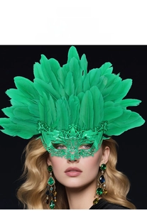 Close-up of green feather masquerade mask with intricate cutout patterns and emerald plumes