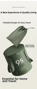 Close-up of deep green foldable foot bucket with zipper lid and matching storage bag