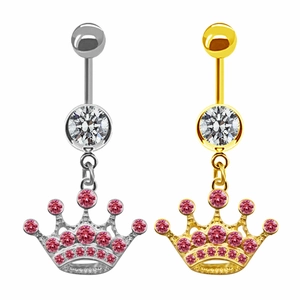 Crown belly button ring with pink heart crystal in silver and gold stainless steel