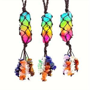 Detailed view of handmade woven rainbow crystal column ornaments with natural gemstone tassels