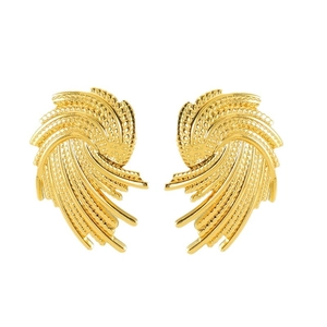 Golden woven spiral fan-shaped earrings with textured wing design on white background