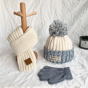 Children's Winter Warm Knit Hat Scarf And Gloves Set For Boys Girls Thick Plush Lined Acrylic Outdoor Pom Pom Beanie Neck Warmer