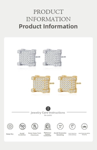 Macro detail of hip hop square stud earrings with cubic zirconia and jewelry care guide