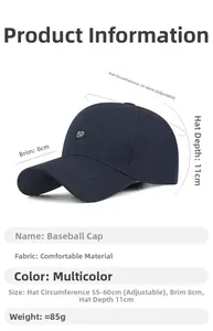 Detailed size chart for men business baseball cap including circumference and brim length
