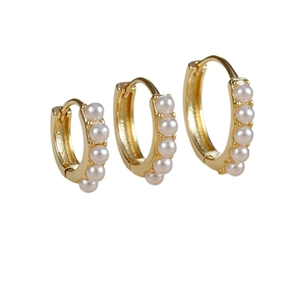 Golden 18K plated hoop earrings with five pearls in small, medium, and large sizes