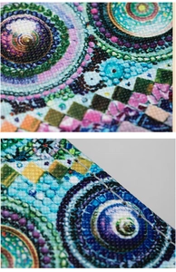 Macro detail of ethnic mandala pattern on leather with precision white stitching craftsmanship