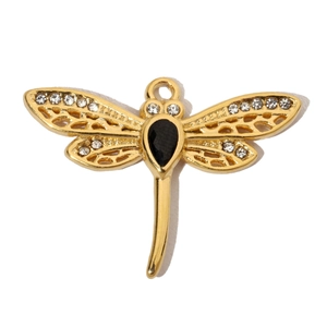 Detailed close-up of a luxury dragonfly pendant featuring gold plating and clear zircon stones