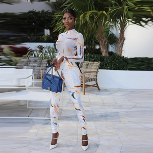 Slim fit long sleeve jumpsuit with abstract colorful print and mock neck design