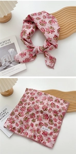 Close-up of pink floral cotton linen square scarf with delicate lace edge detailing