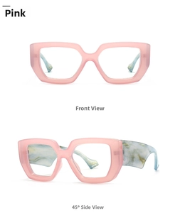 Front and 45-degree side view of oversized pink frame glasses with blue marble temples