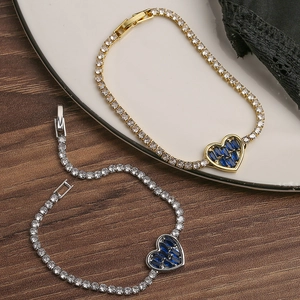 Heart Pendant Tennis Bracelet Copper With Cubic Zirconia And Blue Gemstone Elegant Jewelry For Women