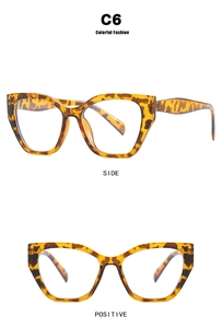 Cat eye glasses in tortoiseshell frame C6 with side and positive views of the design