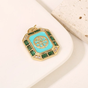 14k gold plated emerald and turquoise sun god rectangular pendant with micro zircon studs