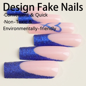 Pink translucent press on nails with blue glitter French tips and heart design