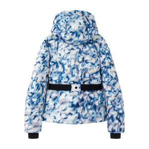 Rear view of winter ski jacket with blue and purple abstract print and black belt