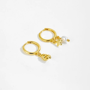 Elegant S925 sterling silver gold earrings with pearl, starfish and conch shell charms