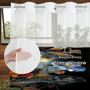 Detail of sheer white polyester window curtain with silver grommet top showing semi-transparency