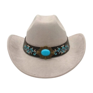 Detail of light gray cowboy hat featuring turquoise stone and floral embroidery band