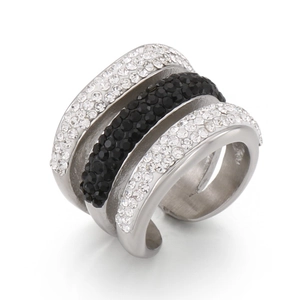 Three-layer wide stainless steel open ring with black and white crystals for women
