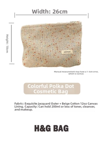 Polka dot cosmetic bag detail showing 26x18cm dimensions and cotton canvas lining
