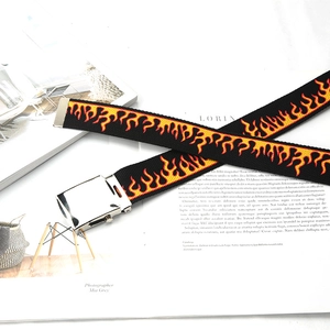 Harajuku hip-hop canvas belt with vibrant flame pattern and silver metal buckle