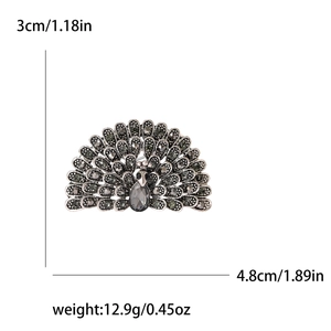 Peacock brooch in vintage silver metal with dark rhinestones and size specifications
